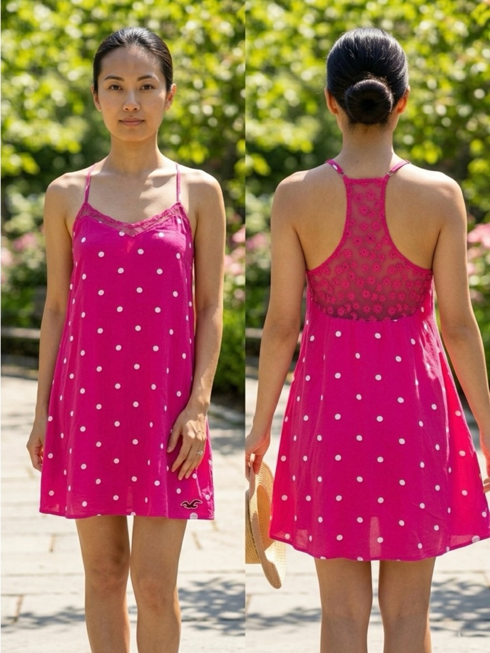 Hollister Pink Polka Dot Lace Back Mini Dress Y2K Boho Summer Sun Dress Size S